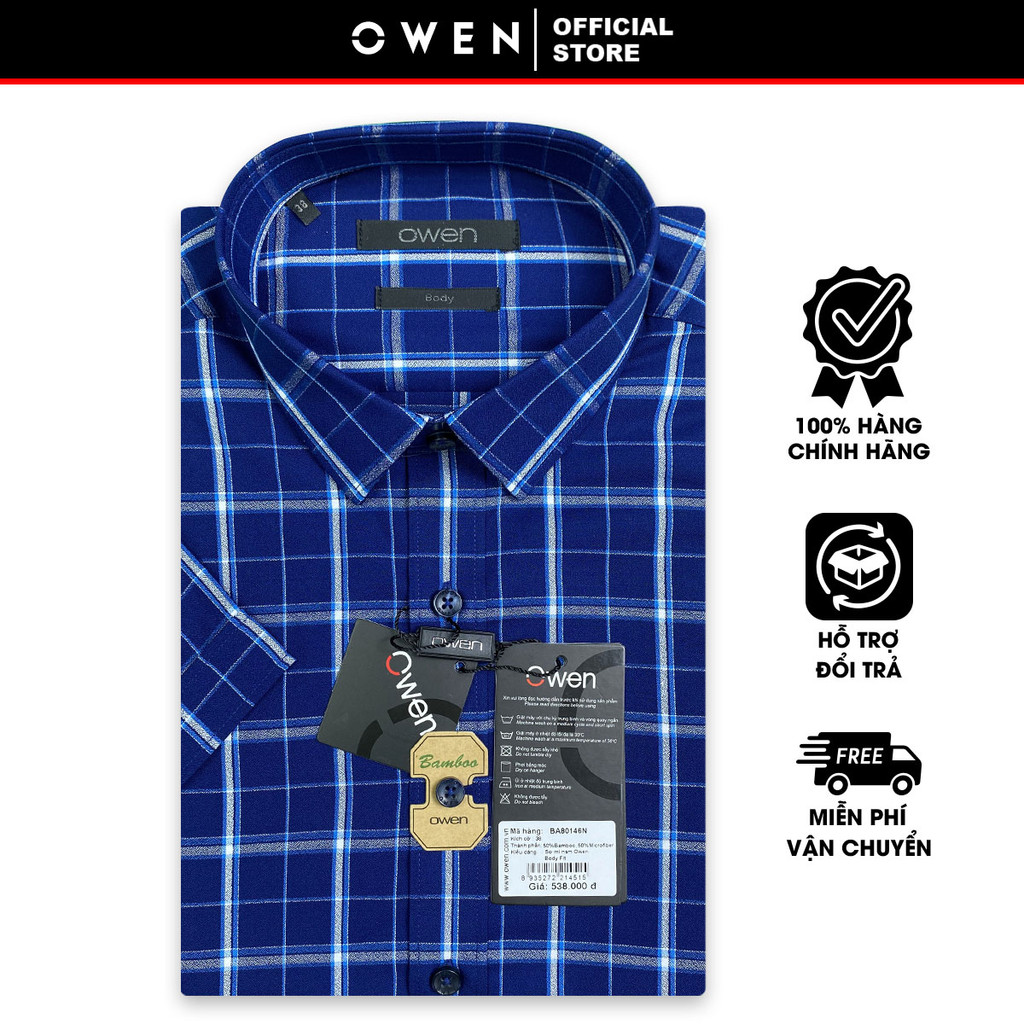 OWEN SALE - Áo Sơ Mi Owen Tay Ngắn, Màu Xanh Navy - Trắng , Họa Tiết Caro, Form Body Lai Ngang