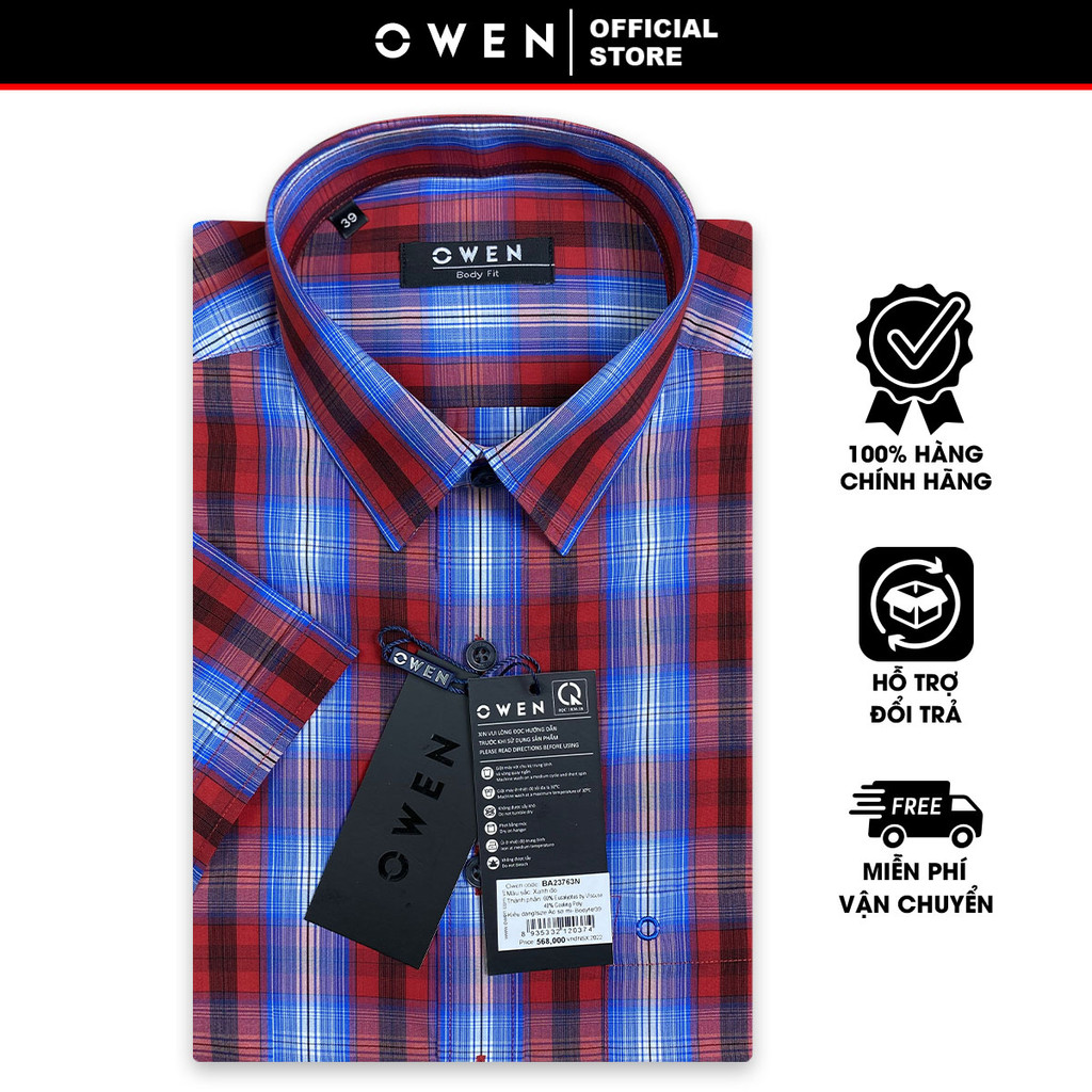 OWEN SALE- Áo Sơ Mi Owen Tay Ngắn, Màu Xanh - Đỏ, Họa Tiết Caro, Form Body Fit Lai Ngang, Chính Hãng