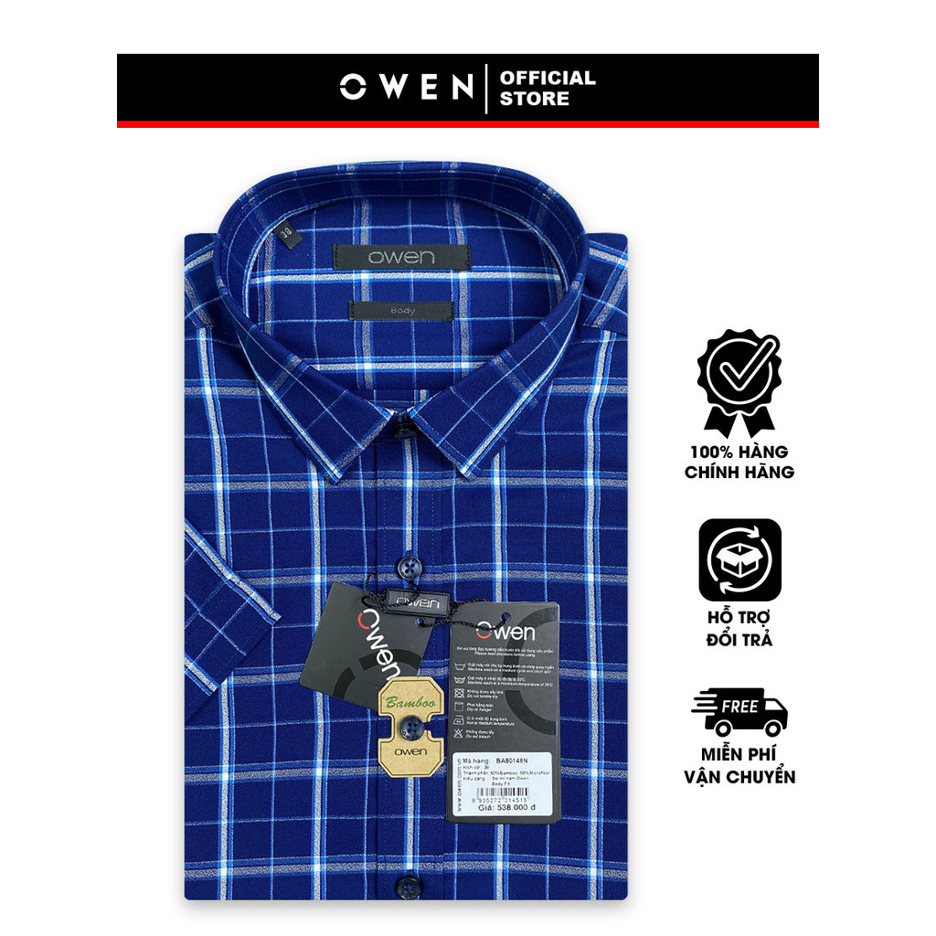 OWEN SALE - Áo Sơ Mi Owen Tay Ngắn, Màu Xanh Navy - Trắng , Họa Tiết Caro, Form Body Lai Ngang