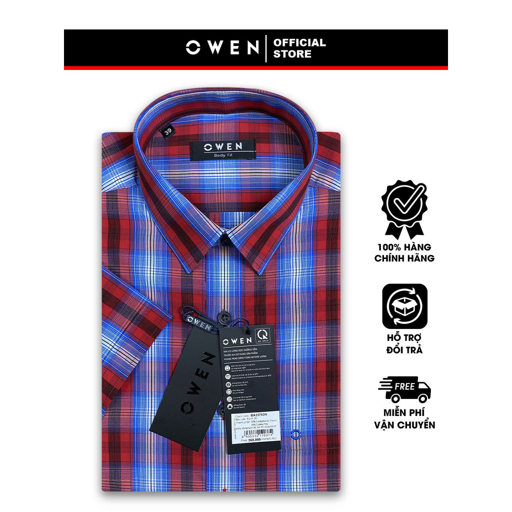 OWEN SALE- Áo Sơ Mi Owen Tay Ngắn, Màu Xanh - Đỏ, Họa Tiết Caro, Form Body Fit Lai Ngang, Chính Hãng