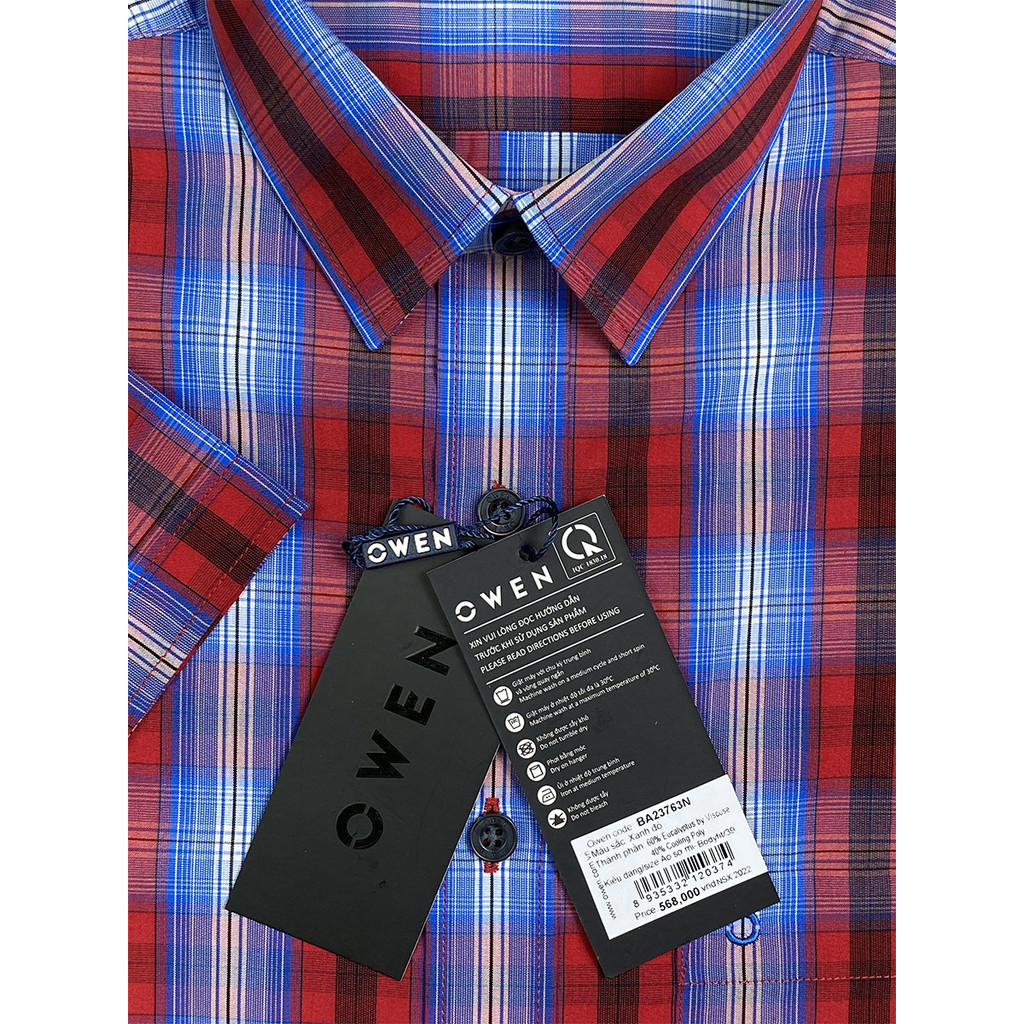 OWEN SALE- Áo Sơ Mi Owen Tay Ngắn, Màu Xanh - Đỏ, Họa Tiết Caro, Form Body Fit Lai Ngang, Chính Hãng