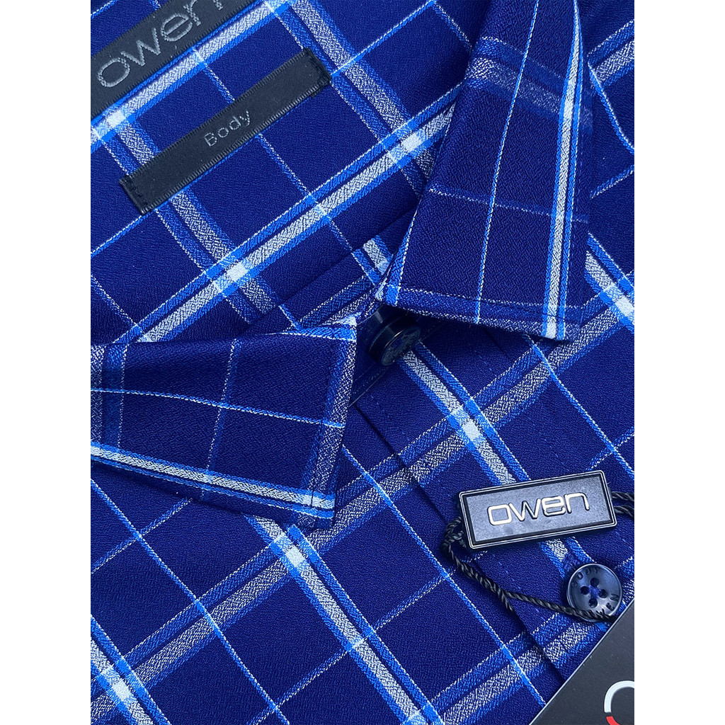 OWEN SALE - Áo Sơ Mi Owen Tay Ngắn, Màu Xanh Navy - Trắng , Họa Tiết Caro, Form Body Lai Ngang