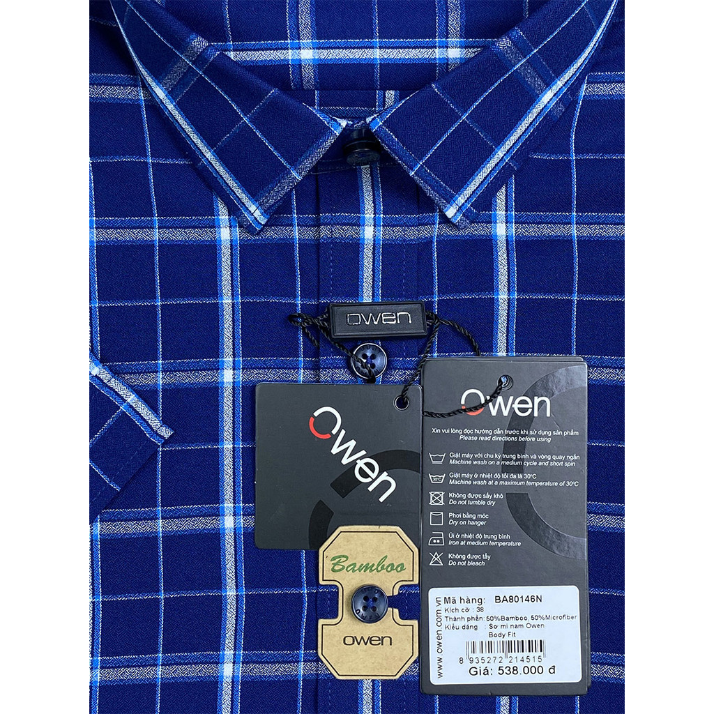 OWEN SALE - Áo Sơ Mi Owen Tay Ngắn, Màu Xanh Navy - Trắng , Họa Tiết Caro, Form Body Lai Ngang