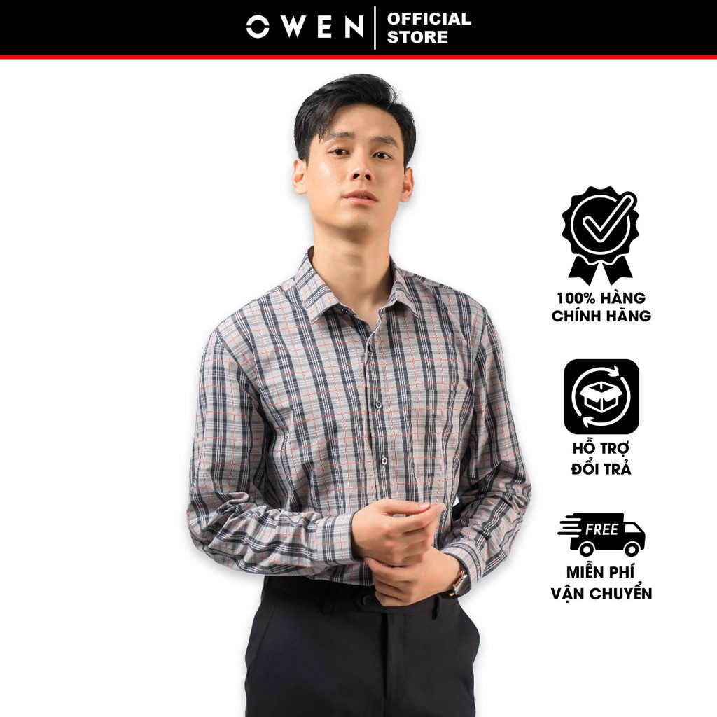 OWEN SALE - Áo Sơ Mi Owen Tay Dài, Màu Ghi - Đen - Đỏ , Họa Tiết Caro, Form Regular Fit Lai Bầu