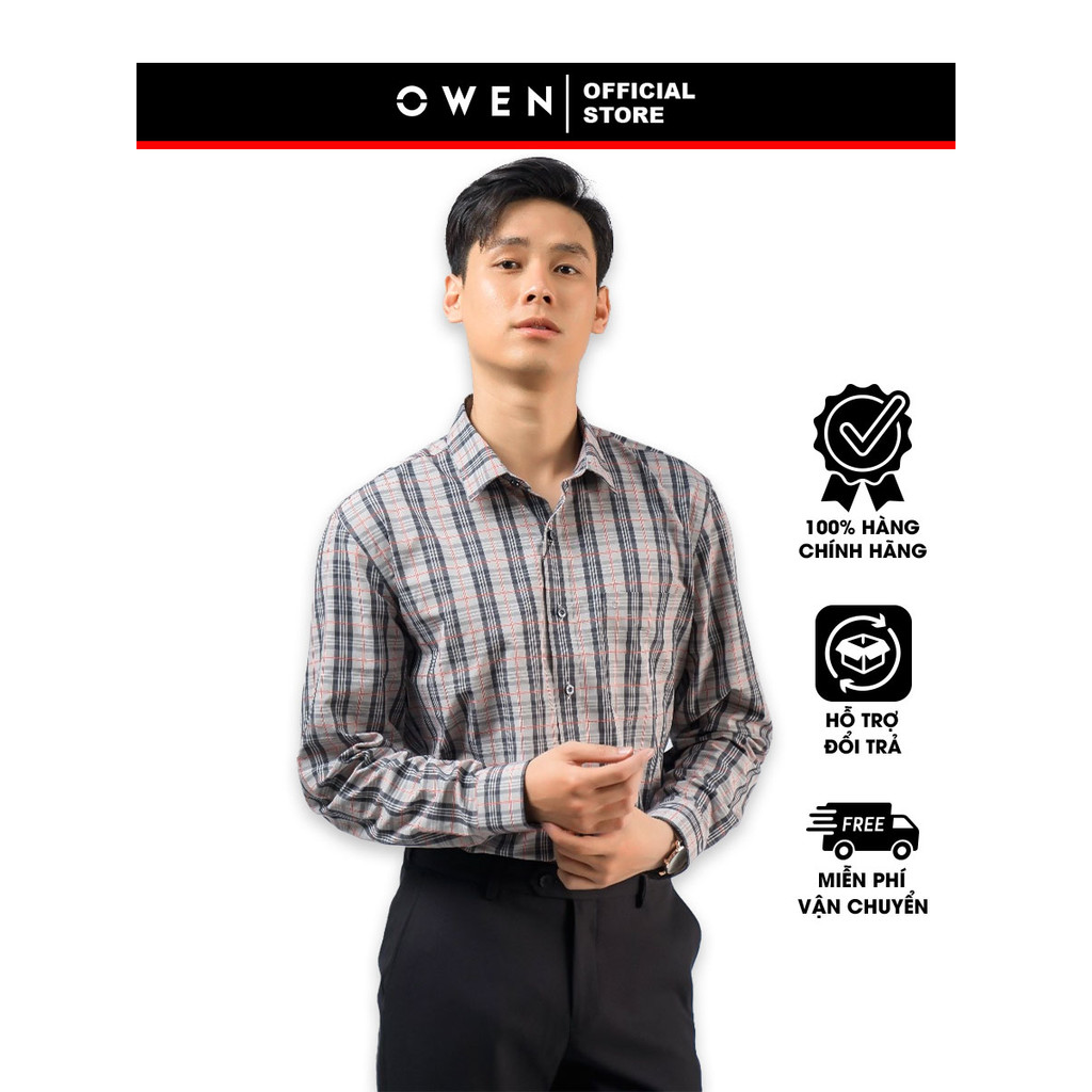 OWEN SALE - Áo Sơ Mi Owen Tay Dài, Màu Ghi - Đen - Đỏ , Họa Tiết Caro, Form Regular Fit Lai Bầu