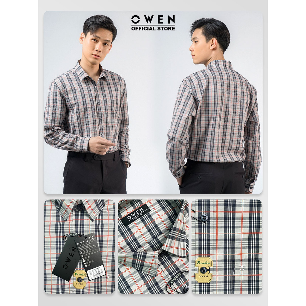 OWEN SALE - Áo Sơ Mi Owen Tay Dài, Màu Ghi - Đen - Đỏ , Họa Tiết Caro, Form Regular Fit Lai Bầu