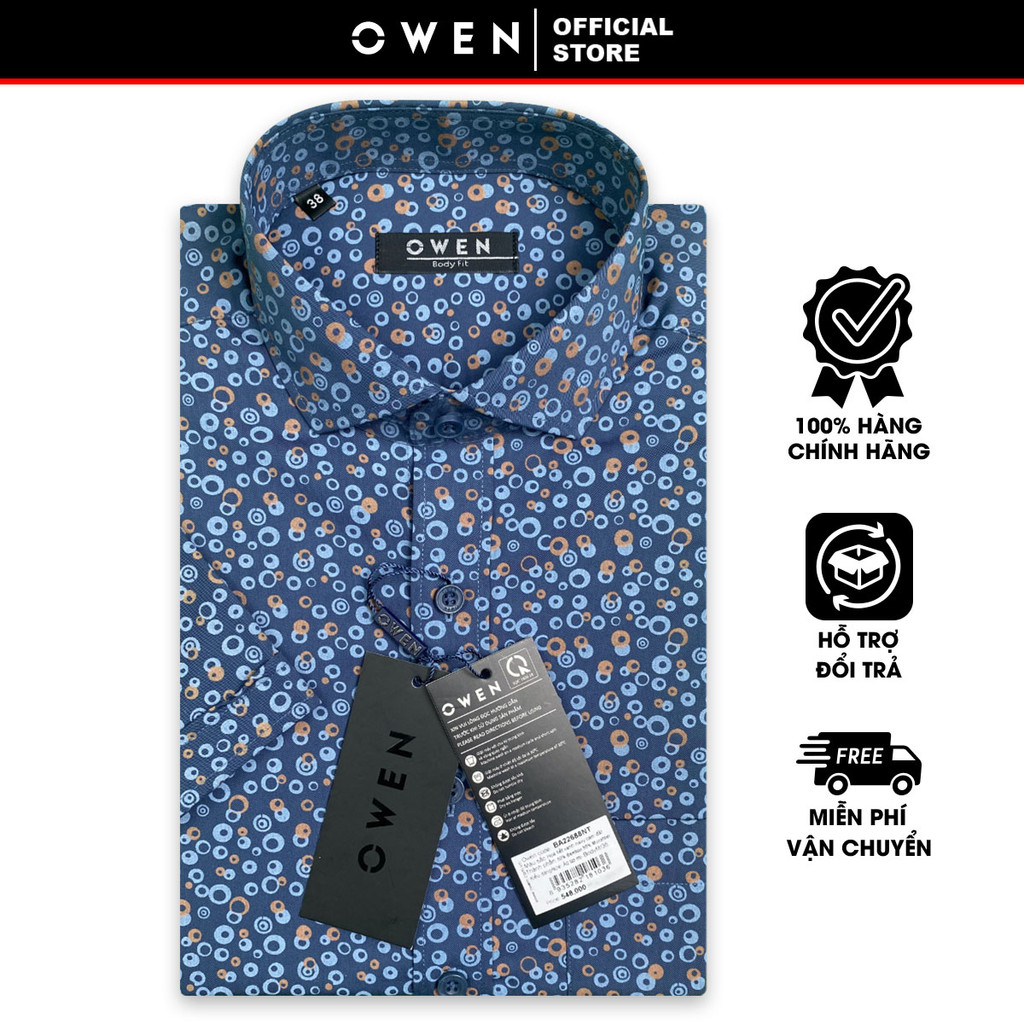 OWEN SALE - Áo Sơ Mi Owen Tay Ngắn, Màu Xanh Navy Cam Đất , Họa Tiết Hoa Văn Form Body Fit Lai Ngang