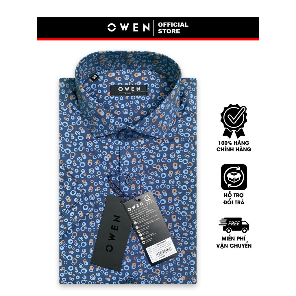 OWEN SALE - Áo Sơ Mi Owen Tay Ngắn, Màu Xanh Navy Cam Đất , Họa Tiết Hoa Văn Form Body Fit Lai Ngang