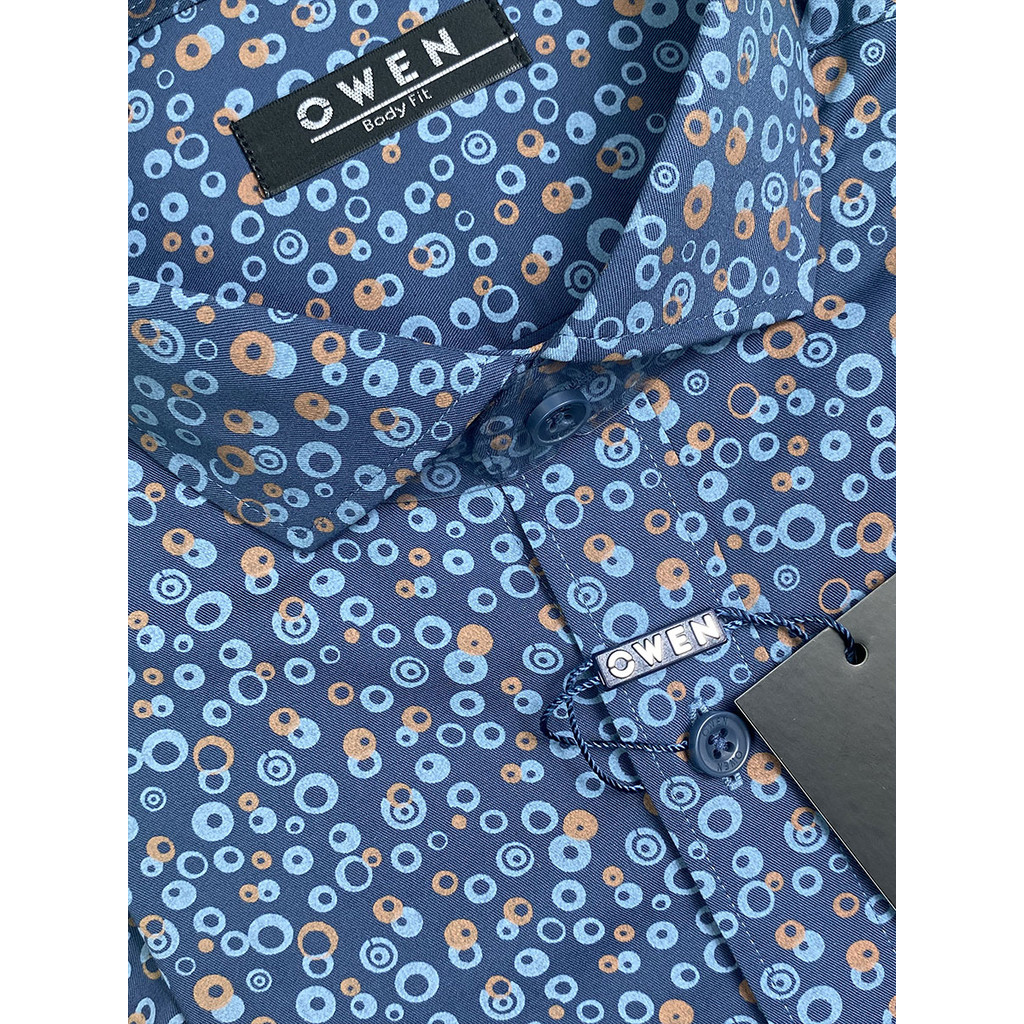OWEN SALE - Áo Sơ Mi Owen Tay Ngắn, Màu Xanh Navy Cam Đất , Họa Tiết Hoa Văn Form Body Fit Lai Ngang