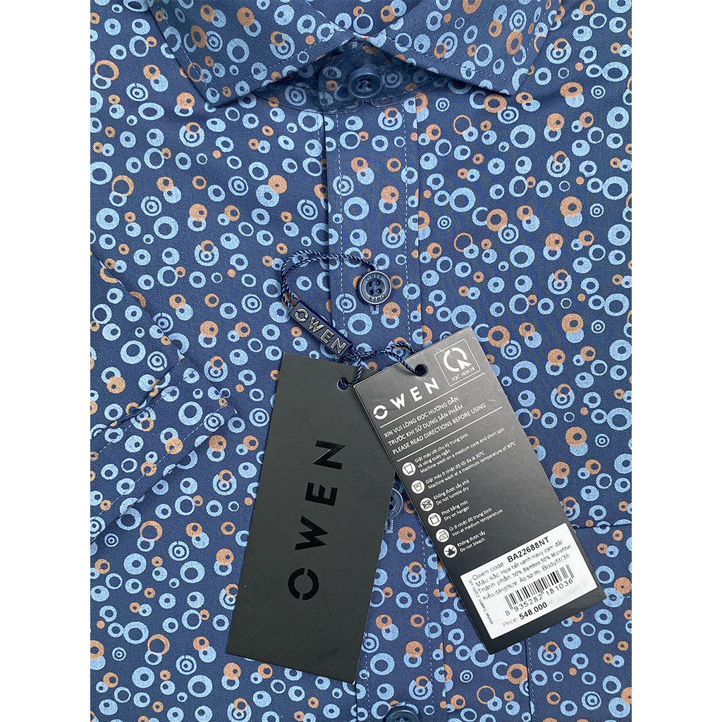 OWEN SALE - Áo Sơ Mi Owen Tay Ngắn, Màu Xanh Navy Cam Đất , Họa Tiết Hoa Văn Form Body Fit Lai Ngang