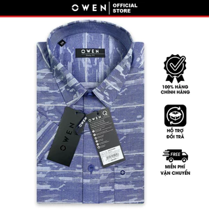 OWEN SALE - Áo Sơ Mi Owen Tay Ngắn, Màu Rằn Ri Xanh Demin, Họa Tiết Hoa Văn, Form Body Fit Lai Ngang