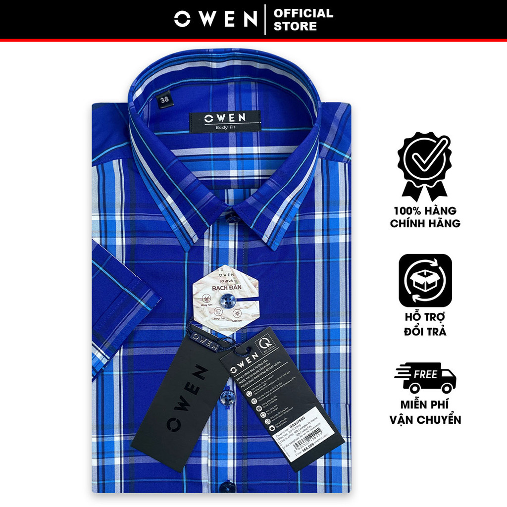 OWEN SALE - Áo Sơ Mi Owen Tay Ngắn, Màu Xanh - Trắng , Họa Tiết Sọc, Form Body Fit Lai Ngang