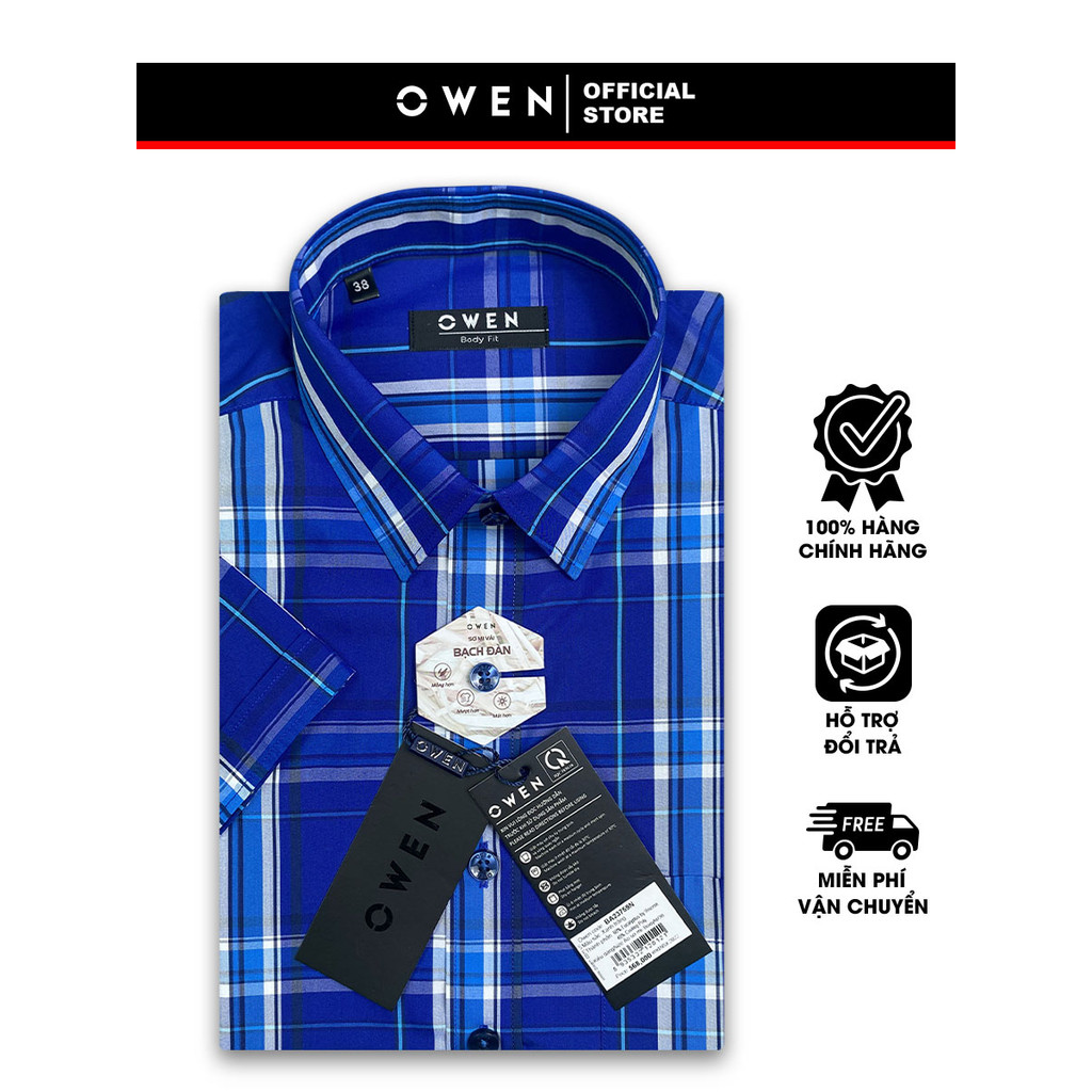 OWEN SALE - Áo Sơ Mi Owen Tay Ngắn, Màu Xanh - Trắng , Họa Tiết Sọc, Form Body Fit Lai Ngang