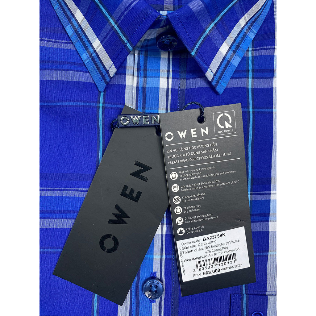 OWEN SALE - Áo Sơ Mi Owen Tay Ngắn, Màu Xanh - Trắng , Họa Tiết Sọc, Form Body Fit Lai Ngang