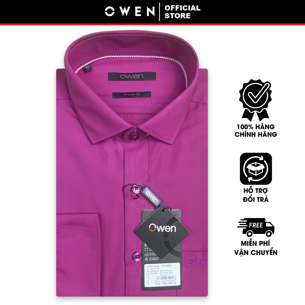OWEN SALE - Áo Sơ Mi Owen Tay Dài, Màu Hồng Đậm , Họa Tiết Trơn, Form Regular Fit Lai Bầu, Chính Hãng