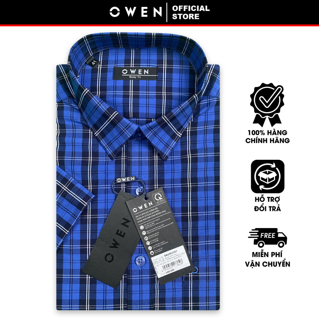 OWEN SALE - Áo Sơ Mi Owen Tay Ngắn, Màu Xanh Navy , Họa Tiết Caro, Form Body Fit Lai Ngang