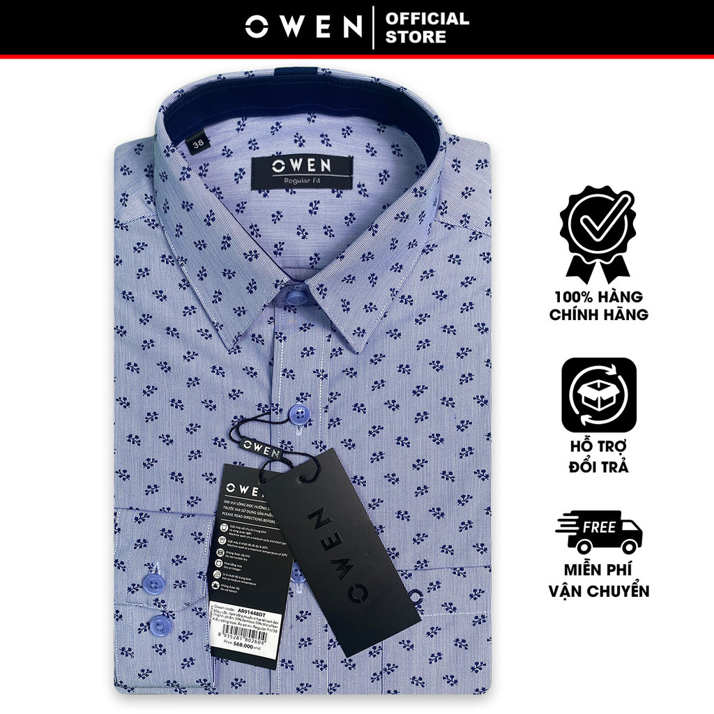 OWEN SALE - Áo Sơ Mi Owen Tay Dài, Màu Xanh Navy , Họa Tiết Hoa Văn, Form Regular Fit Lai Bầu