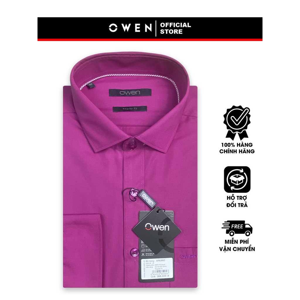 OWEN SALE - Áo Sơ Mi Owen Tay Dài, Màu Hồng Đậm , Họa Tiết Trơn, Form Regular Fit Lai Bầu, Chính Hãng