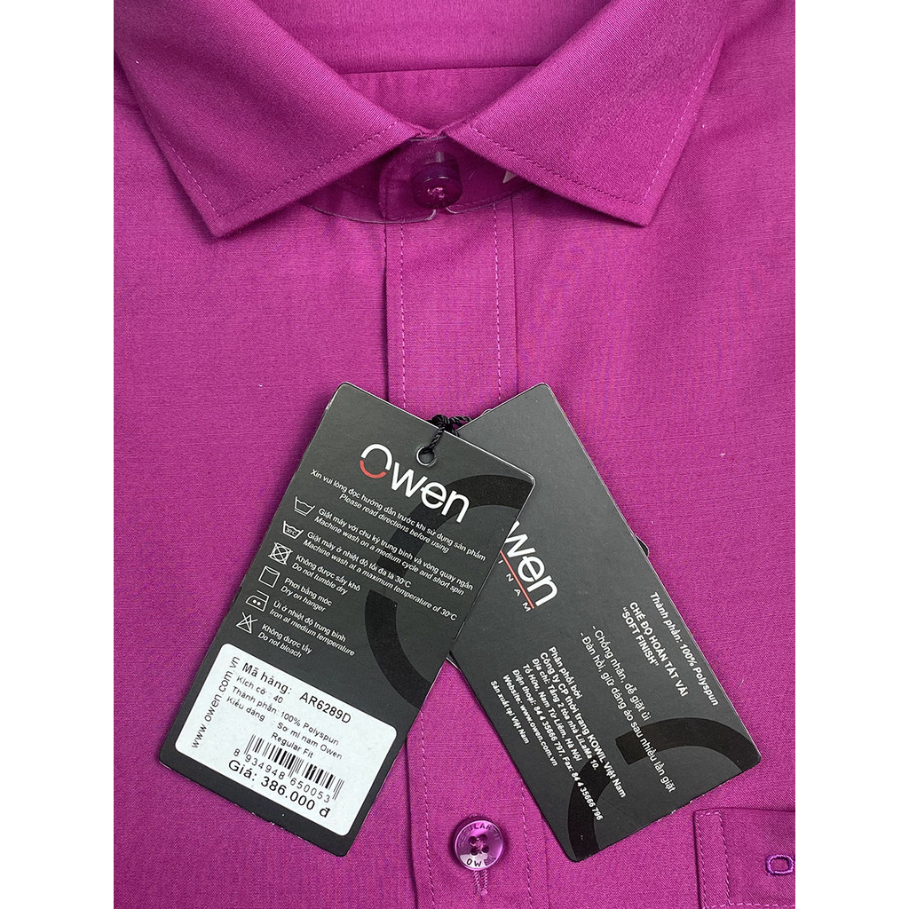 OWEN SALE - Áo Sơ Mi Owen Tay Dài, Màu Hồng Đậm , Họa Tiết Trơn, Form Regular Fit Lai Bầu, Chính Hãng