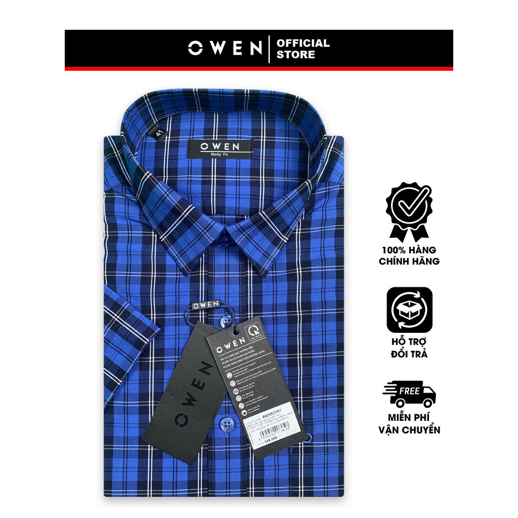 OWEN SALE - Áo Sơ Mi Owen Tay Ngắn, Màu Xanh Navy , Họa Tiết Caro, Form Body Fit Lai Ngang