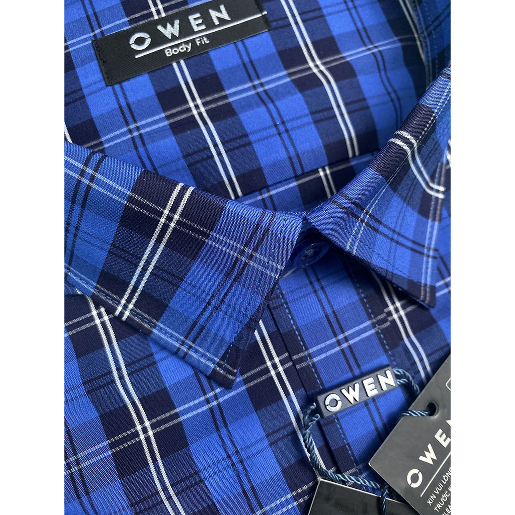 OWEN SALE - Áo Sơ Mi Owen Tay Ngắn, Màu Xanh Navy , Họa Tiết Caro, Form Body Fit Lai Ngang