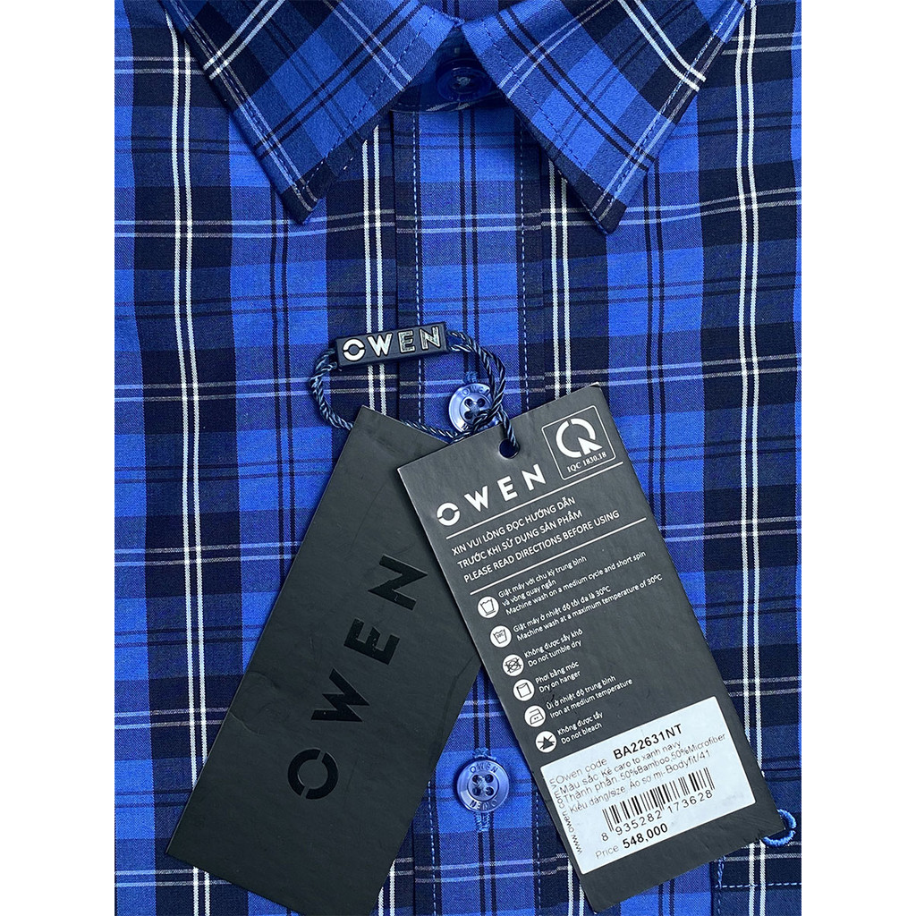OWEN SALE - Áo Sơ Mi Owen Tay Ngắn, Màu Xanh Navy , Họa Tiết Caro, Form Body Fit Lai Ngang