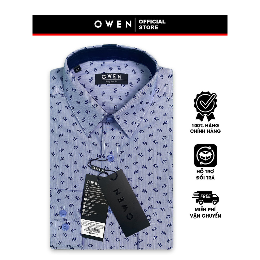 OWEN SALE - Áo Sơ Mi Owen Tay Dài, Màu Xanh Navy , Họa Tiết Hoa Văn, Form Regular Fit Lai Bầu
