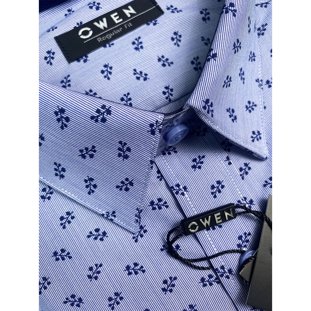 OWEN SALE - Áo Sơ Mi Owen Tay Dài, Màu Xanh Navy , Họa Tiết Hoa Văn, Form Regular Fit Lai Bầu