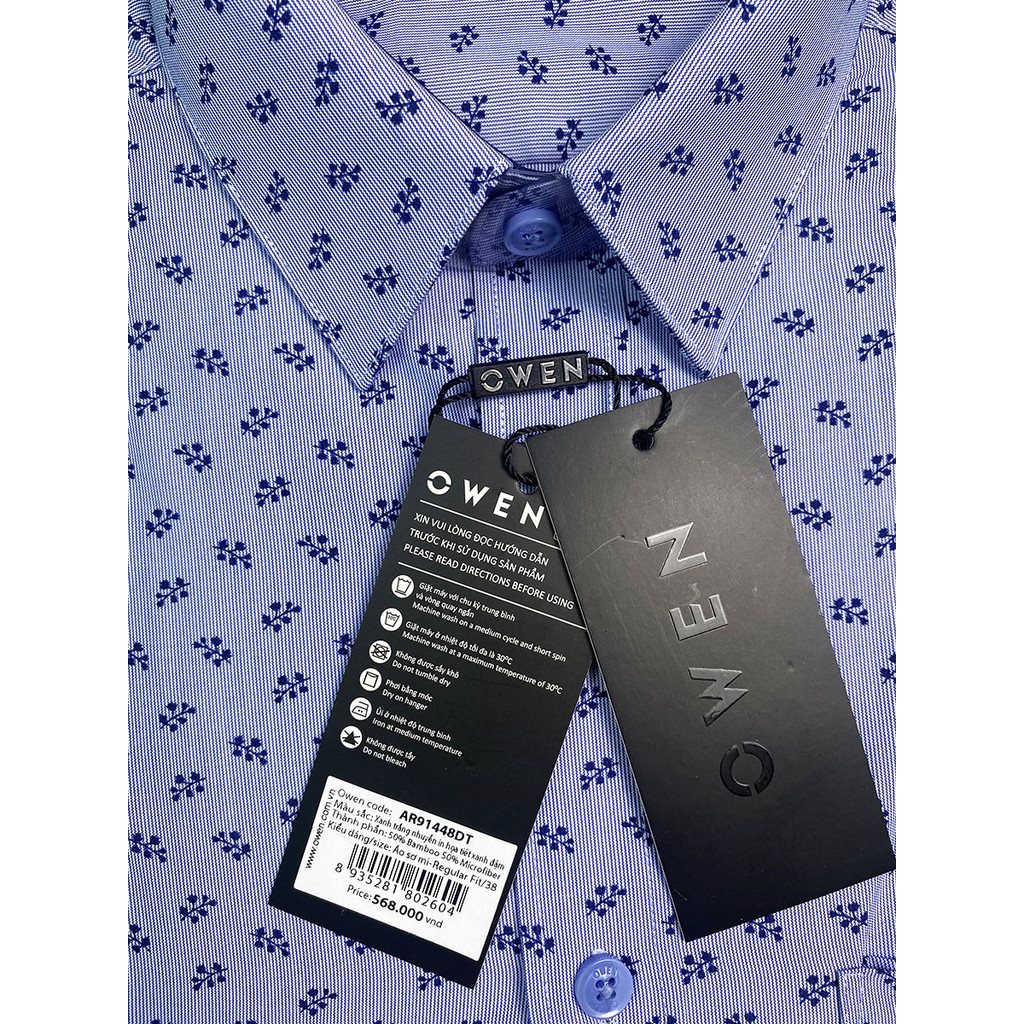 OWEN SALE - Áo Sơ Mi Owen Tay Dài, Màu Xanh Navy , Họa Tiết Hoa Văn, Form Regular Fit Lai Bầu