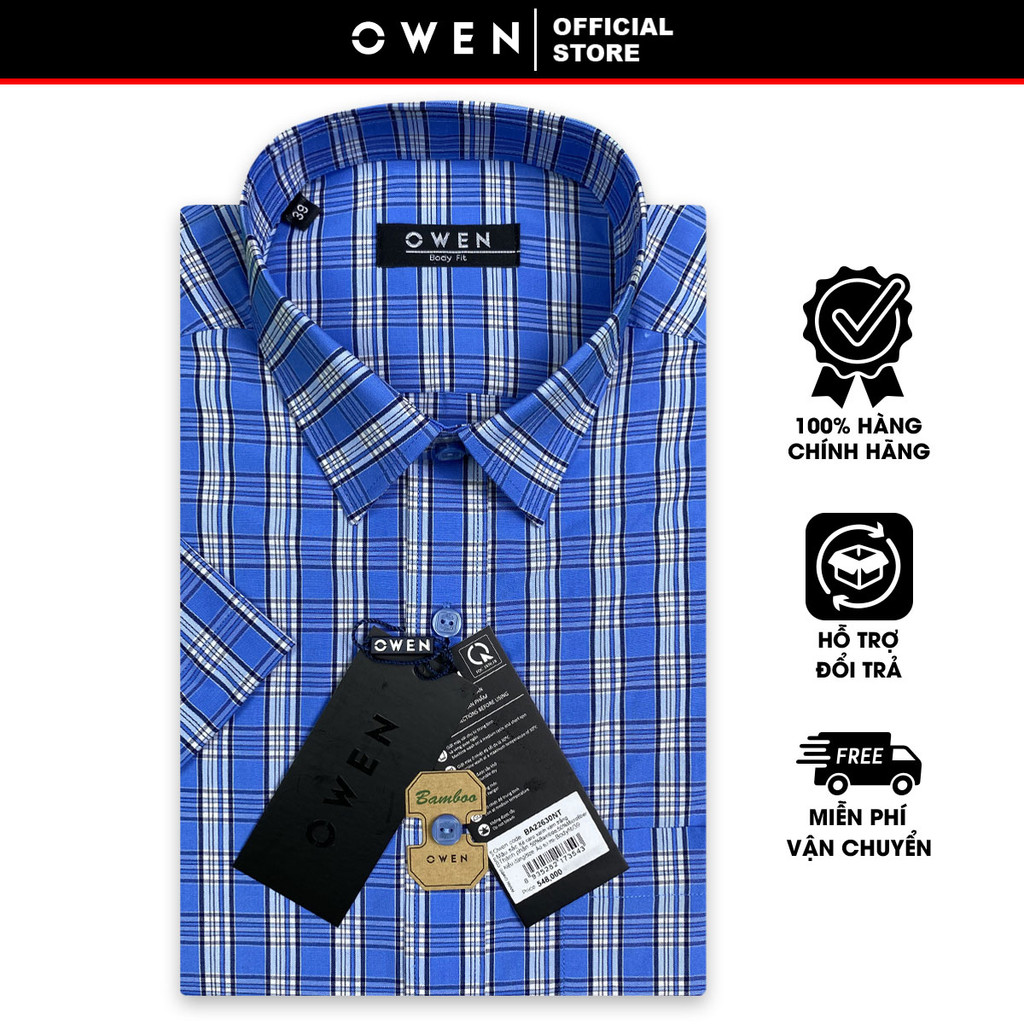 OWEN SALE - Áo Sơ Mi Owen Tay Ngắn, Màu Xanh - Xám - Trắng , Họa Tiết Caro, Form Body Fit Lai Ngang