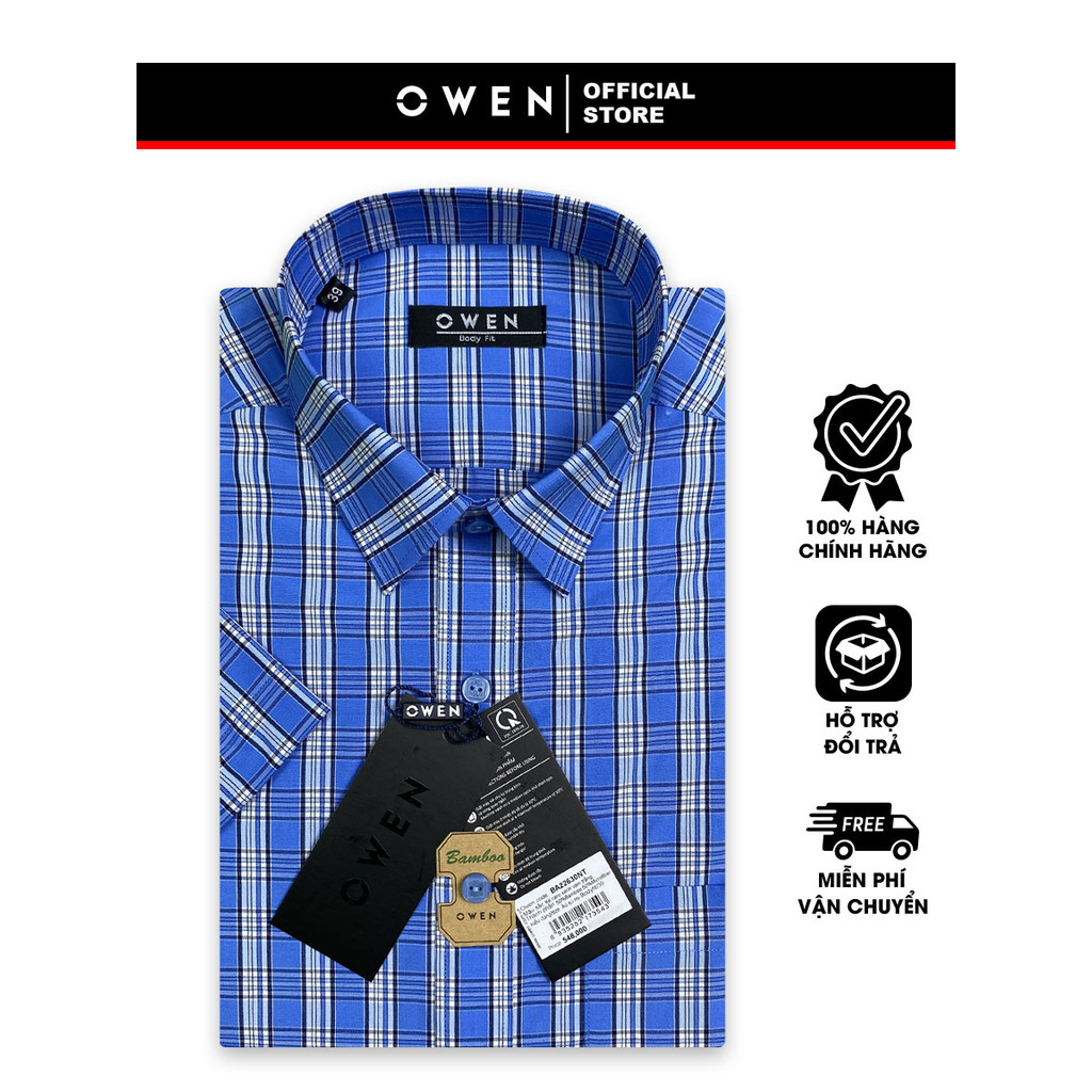 OWEN SALE - Áo Sơ Mi Owen Tay Ngắn, Màu Xanh - Xám - Trắng , Họa Tiết Caro, Form Body Fit Lai Ngang