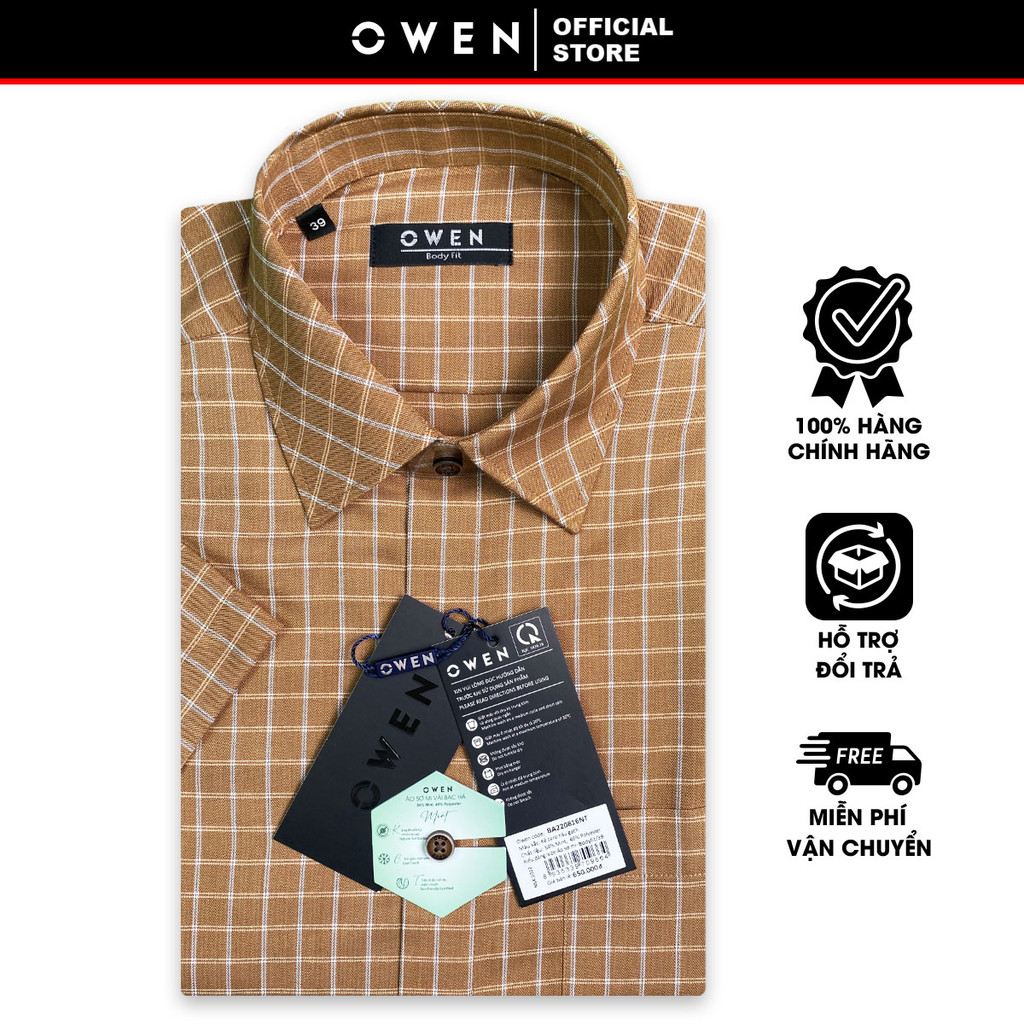 OWEN SALE - Áo Sơ Mi Owen Tay Ngắn, Màu Nâu Gạch, Họa Tiết Caro, Form Body Fit Lai Ngang, Chính Hãng