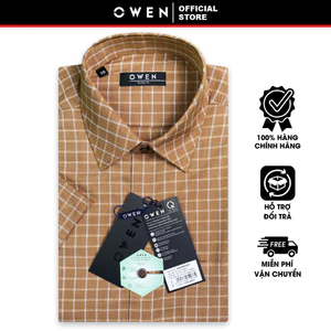 OWEN SALE - Áo Sơ Mi Owen Tay Ngắn, Màu Nâu Gạch, Họa Tiết Caro, Form Body Fit Lai Ngang, Chính Hãng