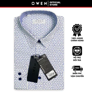 OWEN SALE- Áo Sơ Mi Owen Tay Dài, Màu Trắng - Xanh Navy , Họa Tiết Chấm Bi, Form Regular Fit Lai Bầu
