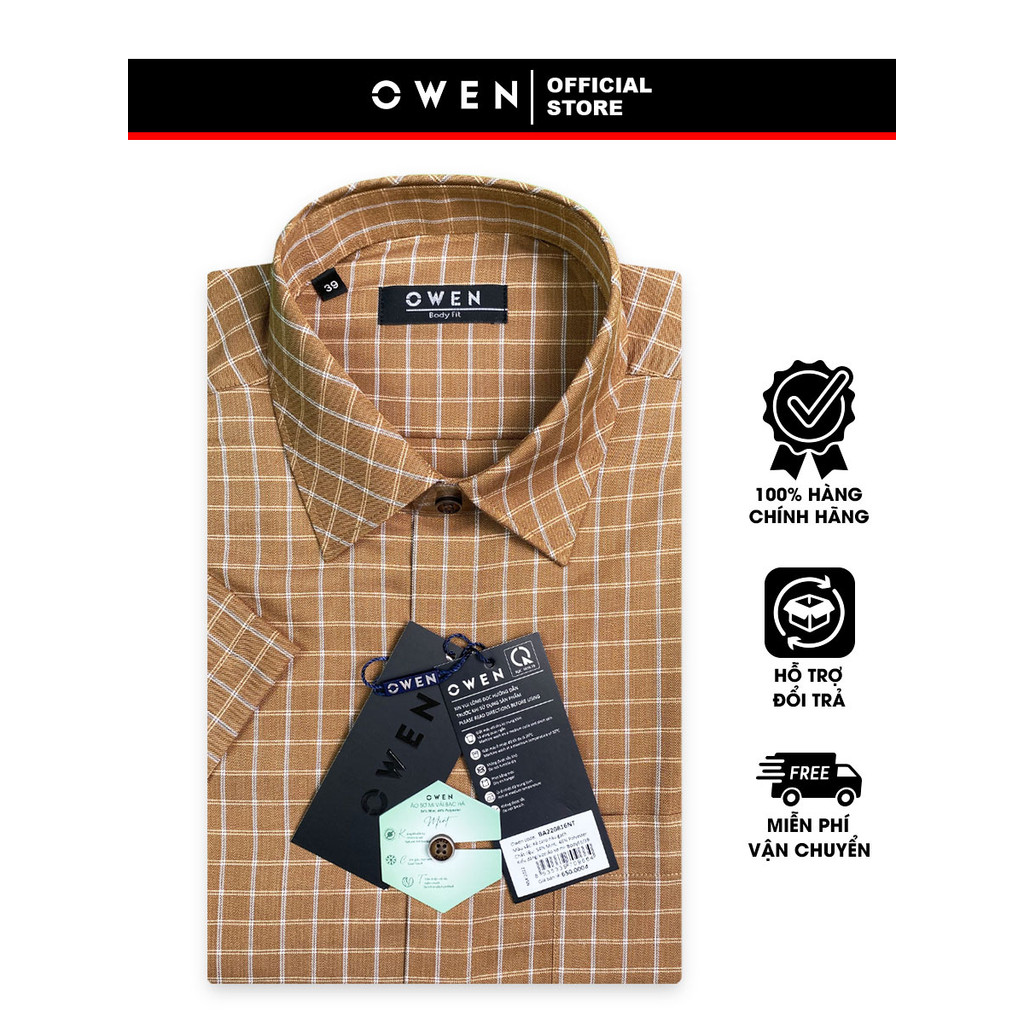 OWEN SALE - Áo Sơ Mi Owen Tay Ngắn, Màu Nâu Gạch, Họa Tiết Caro, Form Body Fit Lai Ngang, Chính Hãng