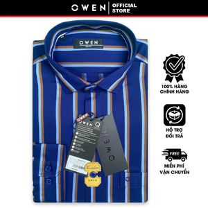 OWEN SALE Áo Sơ Mi Owen Tay Dài, Màu Sọc Nâu- Nền Xanh Navy, Họa Tiết Sọc Dọc, Form Slim Fit Lai Bầu