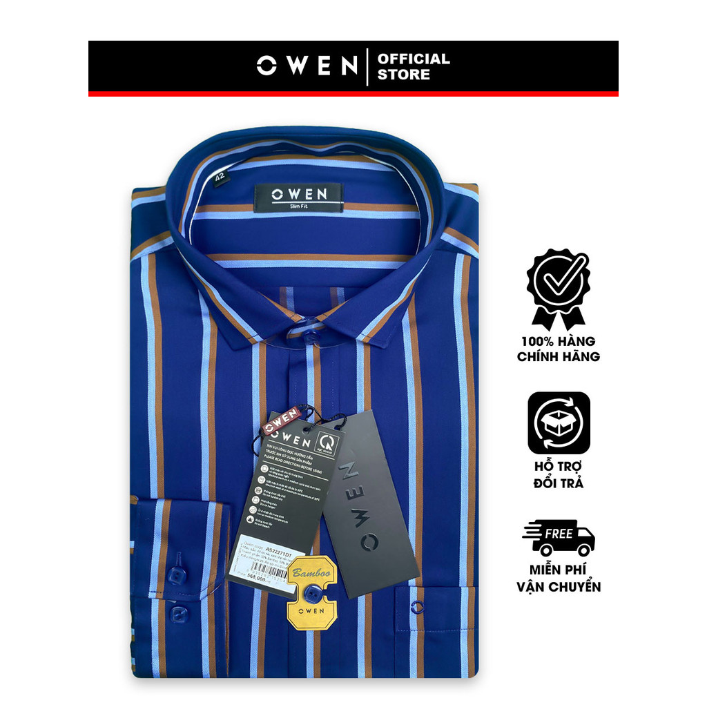 OWEN SALE Áo Sơ Mi Owen Tay Dài, Màu Sọc Nâu- Nền Xanh Navy, Họa Tiết Sọc Dọc, Form Slim Fit Lai Bầu