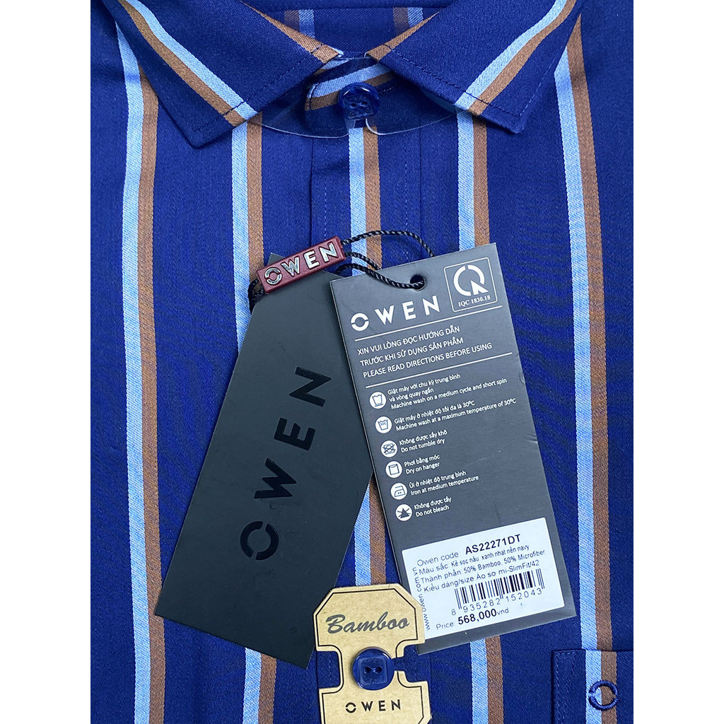 OWEN SALE Áo Sơ Mi Owen Tay Dài, Màu Sọc Nâu- Nền Xanh Navy, Họa Tiết Sọc Dọc, Form Slim Fit Lai Bầu