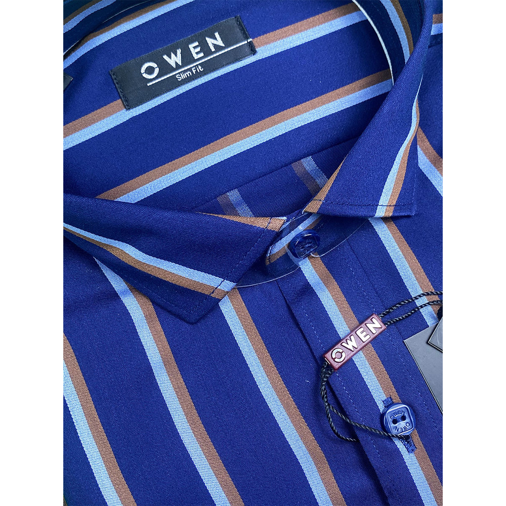 OWEN SALE Áo Sơ Mi Owen Tay Dài, Màu Sọc Nâu- Nền Xanh Navy, Họa Tiết Sọc Dọc, Form Slim Fit Lai Bầu