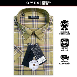 OWEN SALE - Áo Sơ Mi Owen Tay Ngắn, Màu Kẻ Caro Lớn Nâu - Đen - Cam, Form Body Fit Lai Ngang