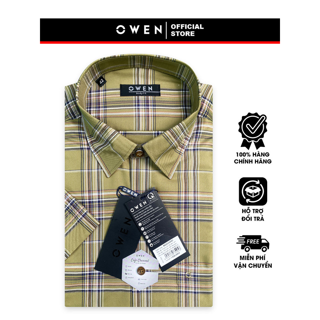 OWEN SALE - Áo Sơ Mi Owen Tay Ngắn, Màu Kẻ Caro Lớn Nâu - Đen - Cam, Form Body Fit Lai Ngang