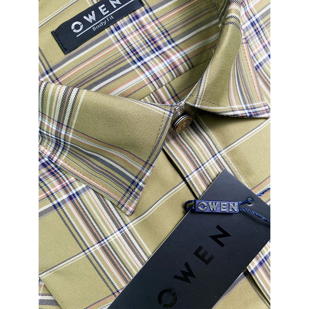 OWEN SALE - Áo Sơ Mi Owen Tay Ngắn, Màu Kẻ Caro Lớn Nâu - Đen - Cam, Form Body Fit Lai Ngang