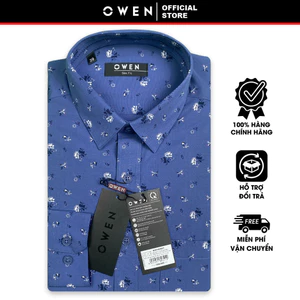 OWEN SALE - Áo Sơ Mi Owen Tay Dài, Màu Xanh Demi , Họa Tiết Hoa Văn, Form Slim Fit Lai Bầu