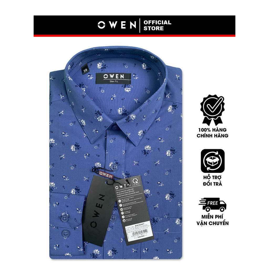 OWEN SALE - Áo Sơ Mi Owen Tay Dài, Màu Xanh Demi , Họa Tiết Hoa Văn, Form Slim Fit Lai Bầu