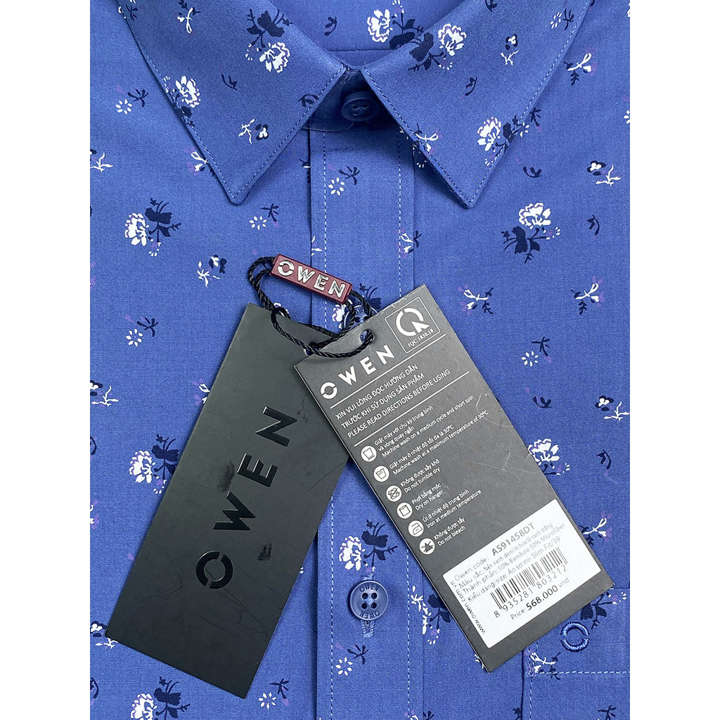 OWEN SALE - Áo Sơ Mi Owen Tay Dài, Màu Xanh Demi , Họa Tiết Hoa Văn, Form Slim Fit Lai Bầu