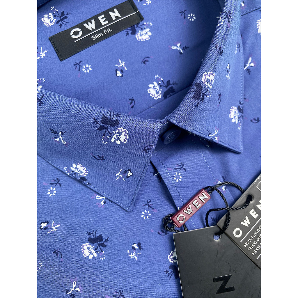 OWEN SALE - Áo Sơ Mi Owen Tay Dài, Màu Xanh Demi , Họa Tiết Hoa Văn, Form Slim Fit Lai Bầu