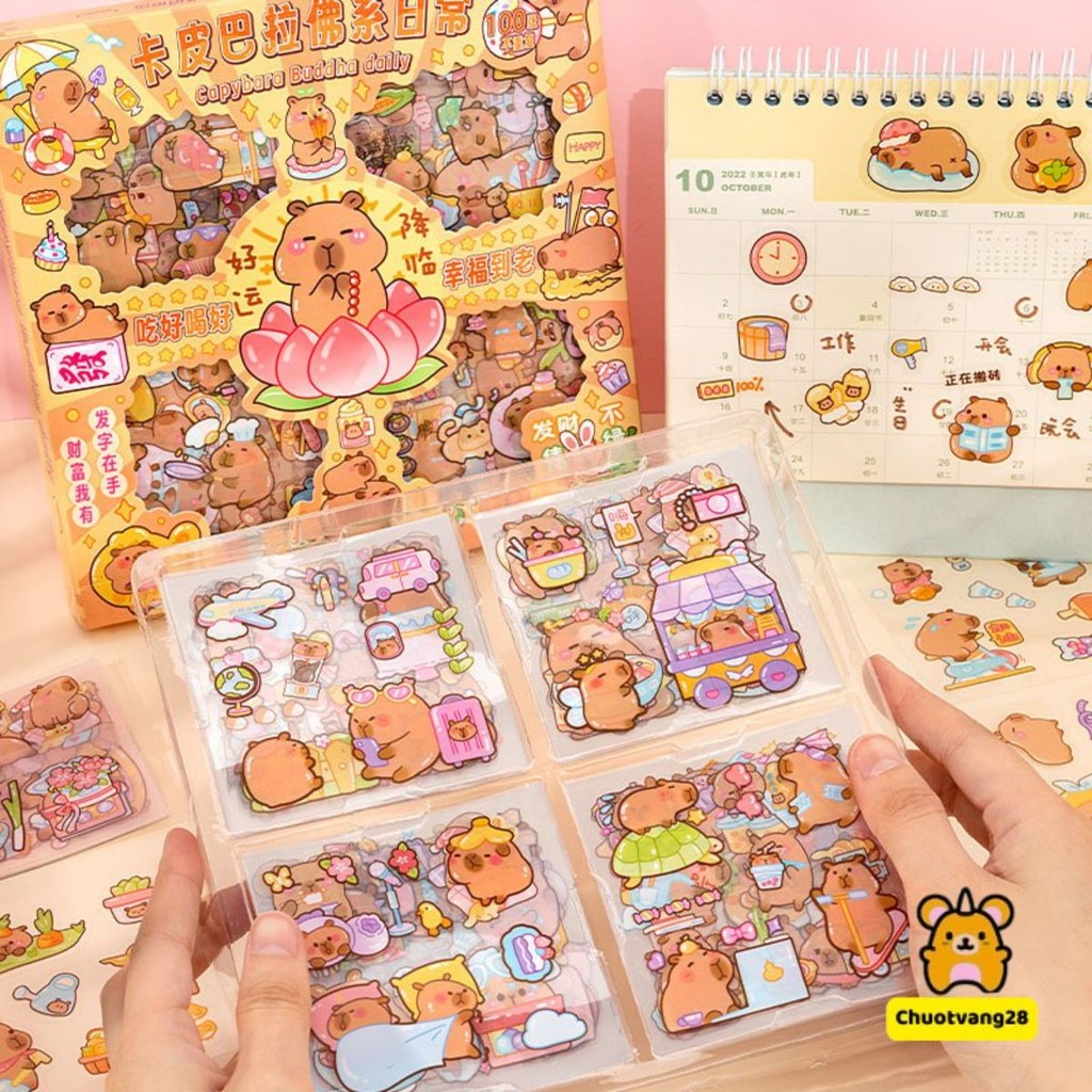 Hộp 96 tấm sticker Capybara, miếng dán DIY trong hình Capybara nhiều mẫu, chuột lang nước đáng yêu cute