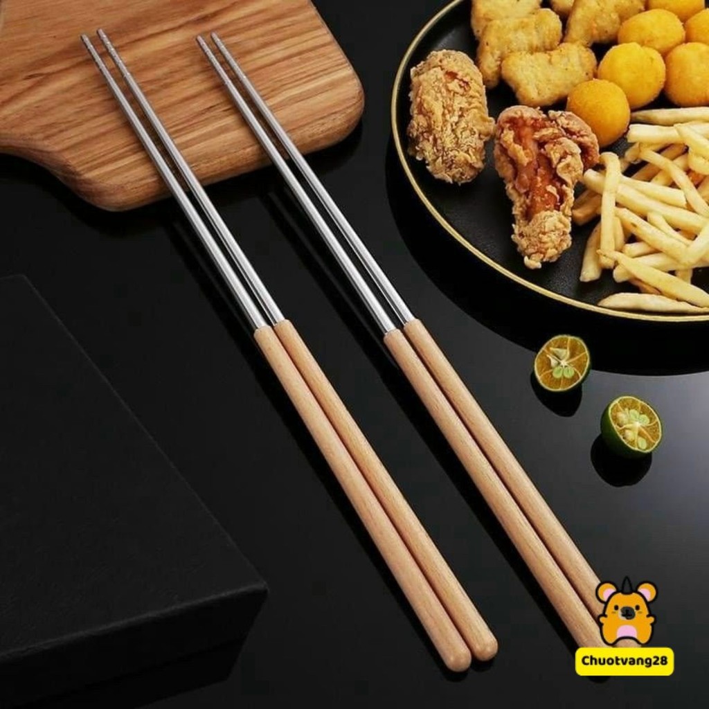 Đũa Nhà Bếp Chất Liệu Inox Cán Gỗ, Đũa Nấu Ăn Cách Nhiệt Tiện Lợi