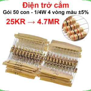 Điện trở cắm 1/4W 4 vòng màu ±5% - giá trị 25KR đến 4.7MR