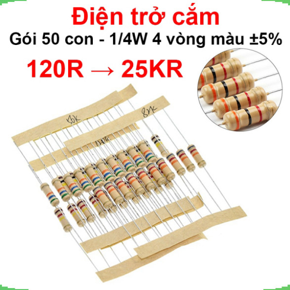 [Giá bán sỉ] (100 cái) Điện trở cắm 1/4W 4 vòng màu ±5% - giá trị 120R đến 25KR